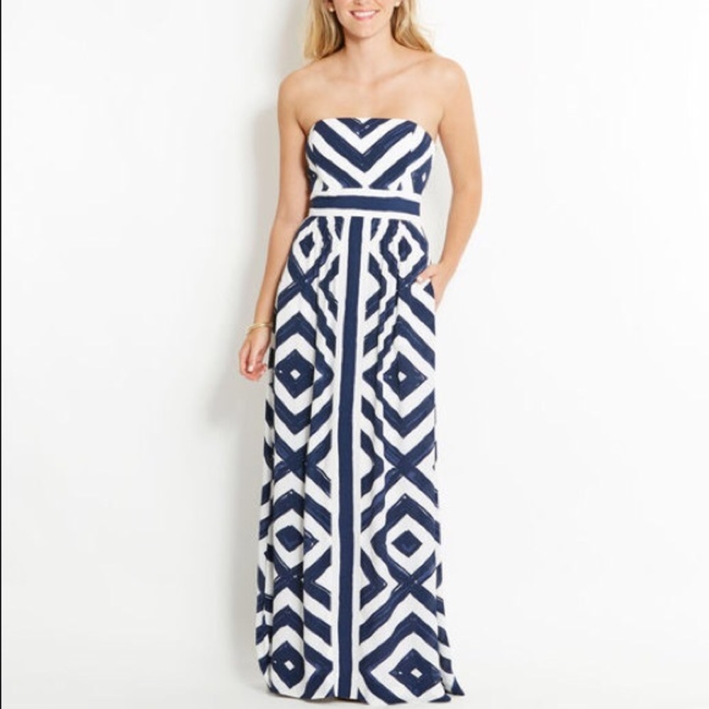 Vineyard Vines Strapless Navy and White Geometric Maxi Dress